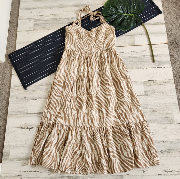 Bardot Nala Midi Dress In Beige Tiger Linen NWT Size XL/10 - Picture 2 of 11